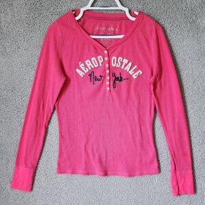 Vtg Y2K Aeropostale Womens Long Sleeve Thermal Waffle Knit Henley Top Pink Sz XL